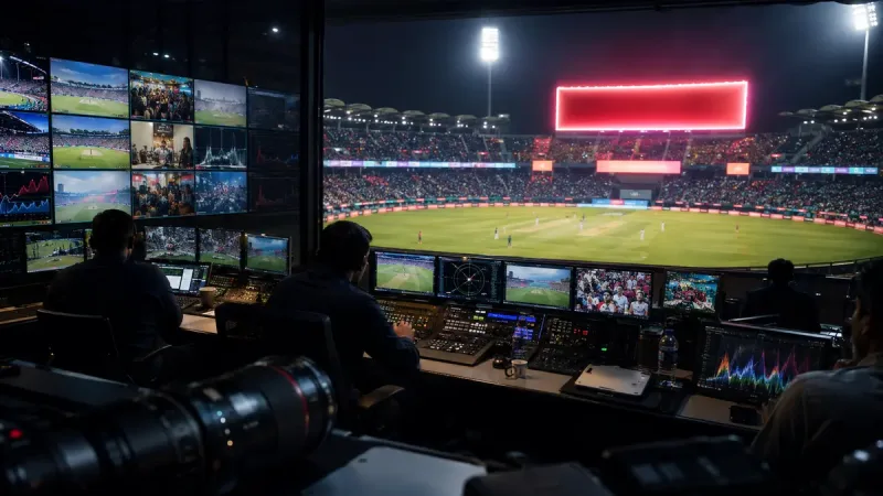 Bilik kawalan siaran menghadap stadium kriket bercahaya lampu sorot semasa perlawanan berlangsung