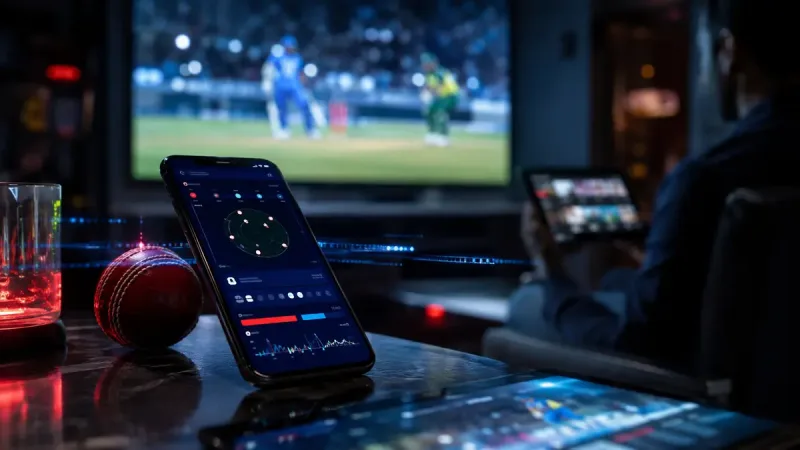 Telefon pintar memaparkan antara muka aplikasi pertaruhan langsung di atas meja bersama bola kriket, siaran TV di latar belakang