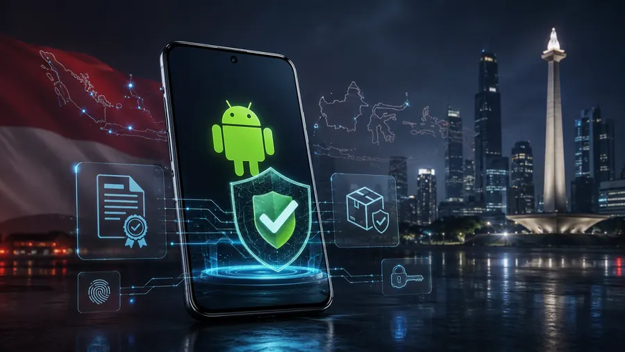 Tanda semak disahkan pada telefon Android dengan monumen Monas Jakarta dan bendera Indonesia di belakang