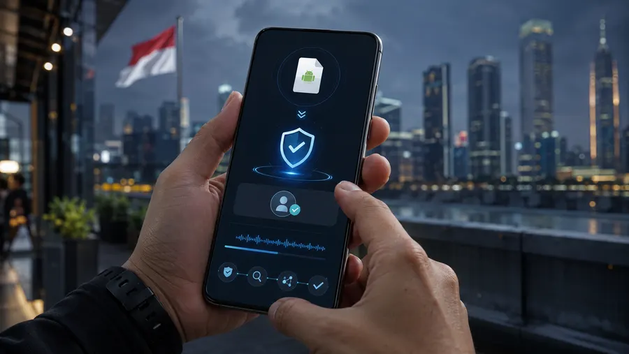 Tangan memegang telefon semasa pemasangan, menunjukkan APK melepasi semakan pembangun yang disahkan