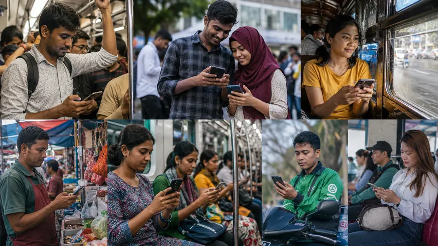 Orang ramai di Asia Selatan dan Tenggara menggunakan telefon pintar di pengangkutan awam dan di pasar