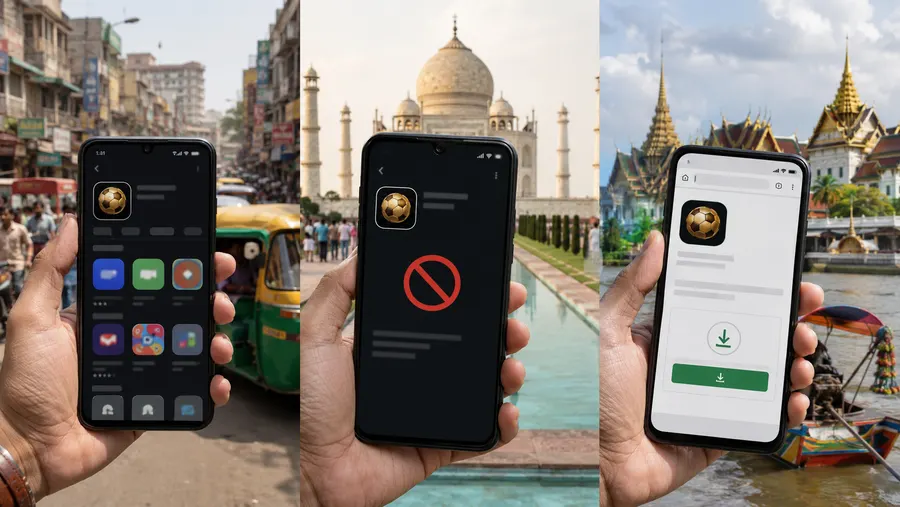 Tiga telefon diangkat dengan latar bandar di Bangladesh, India dan Thailand - satu menunjukkan aplikasi disekat, satu lagi muat turun terus melalui pelayar