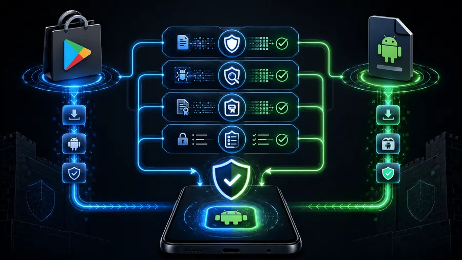 Gambar rajah menunjukkan kedua-dua Google Play Store dan fail APK terus melalui semakan keselamatan yang sama sebelum sampai ke telefon