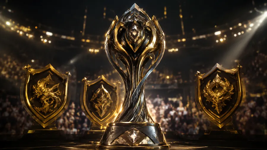 Trofi Aegis of Champions di atas pentas diapit oleh tiga perisai juara yang terukir
