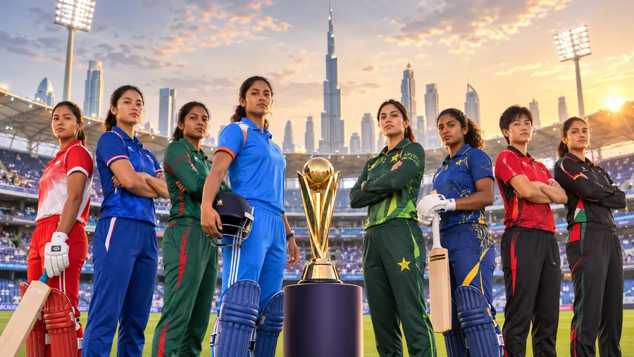 Kesemua lapan pasukan Piala Asia Wanita 2026 berdiri mengelilingi trofi turnamen di Dubai